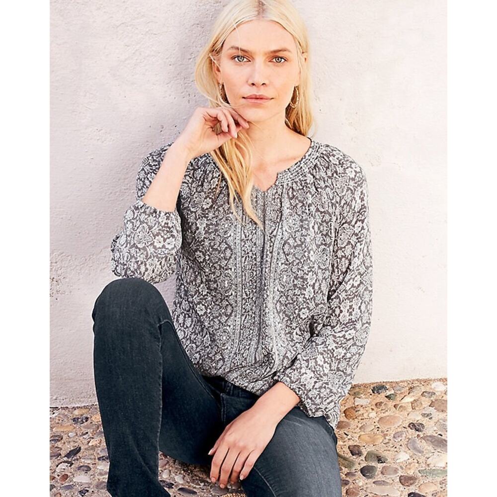 GARNET HILL Bohemian Bishop-Sleeve 100% Silk Blouse Gray/White Floral Size M